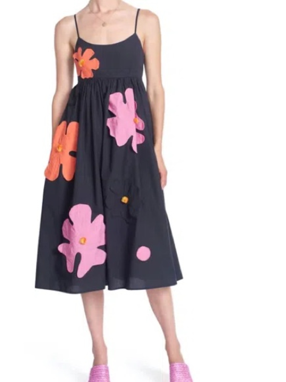 Black Floral Appliqué Dress with Pink & Orange Flowers